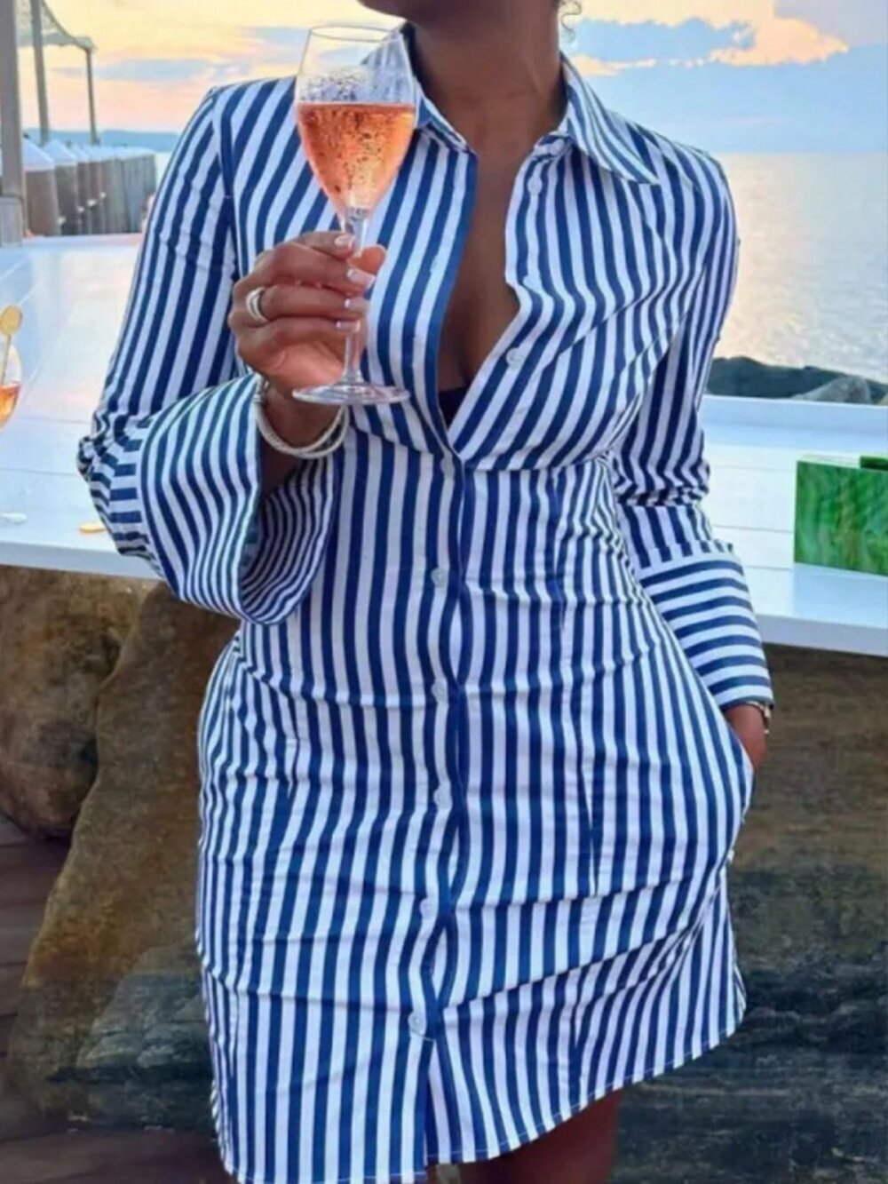 Blue And White Casual Women's Striped Long Sleeve Button Front Shirt Dress